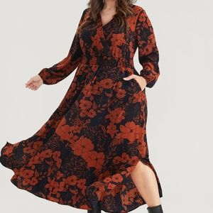 Floral Print Pocket Wrap Lantern Sleeve Split Hem Dress Size 30